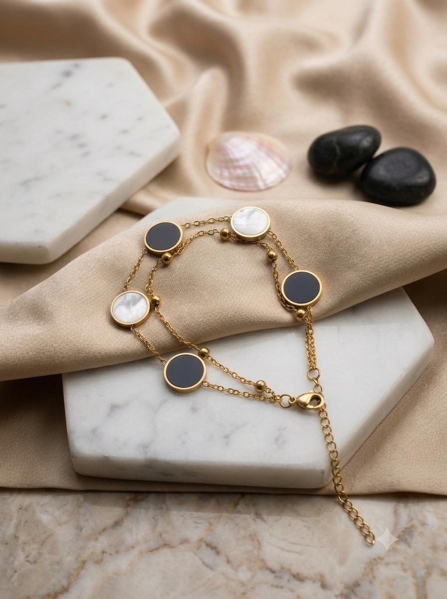 Black & White Oval Stone Gold Chain Bracelet