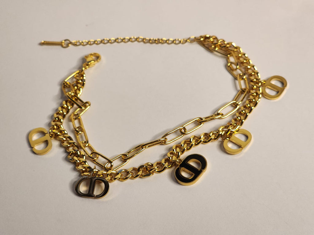 Multi-Layer Gold Chain Bracelet with D Charms