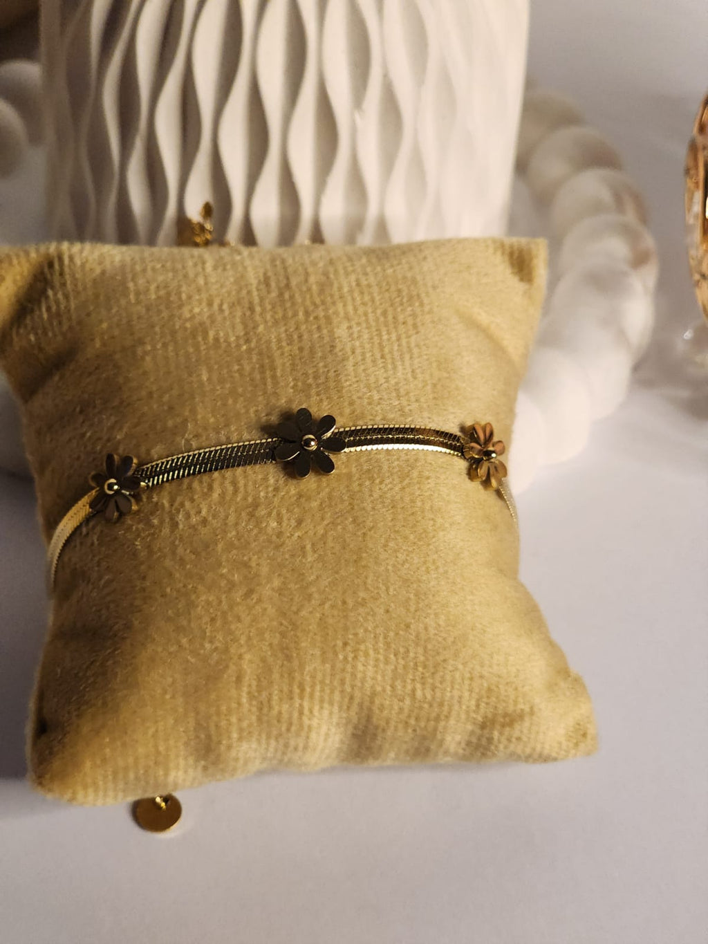 Gold Daisy Flower Charm Herringbone Bracelet