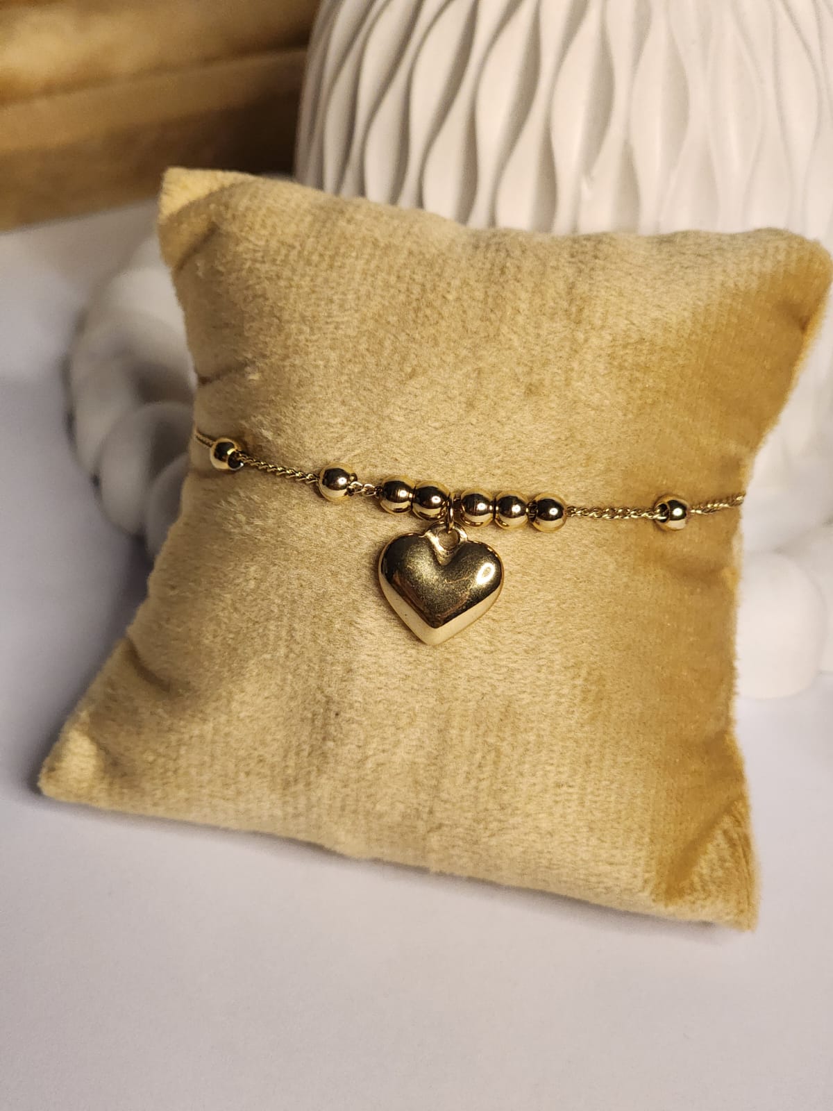 Gold Heart Charm Bead Chain Bracelet