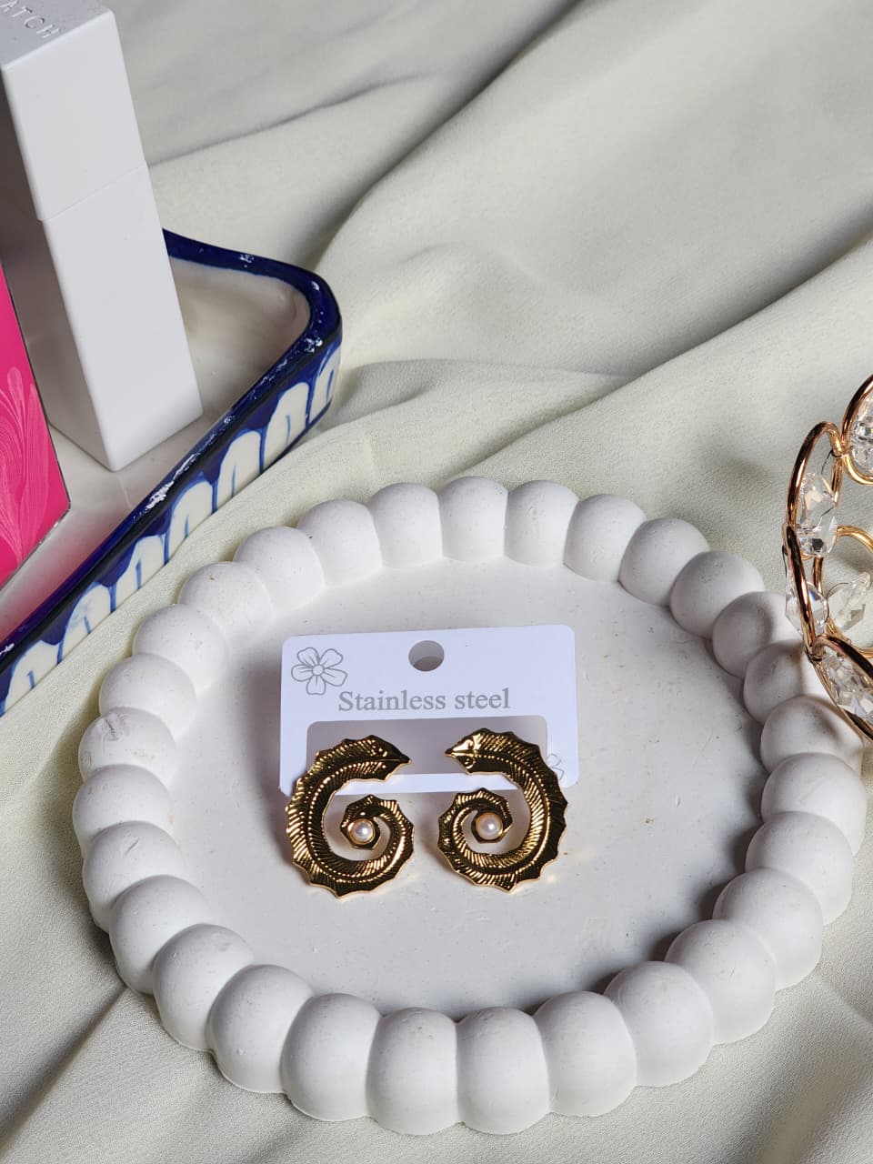 Gold Spiral Swirl Pearl Centre Stud Earrings