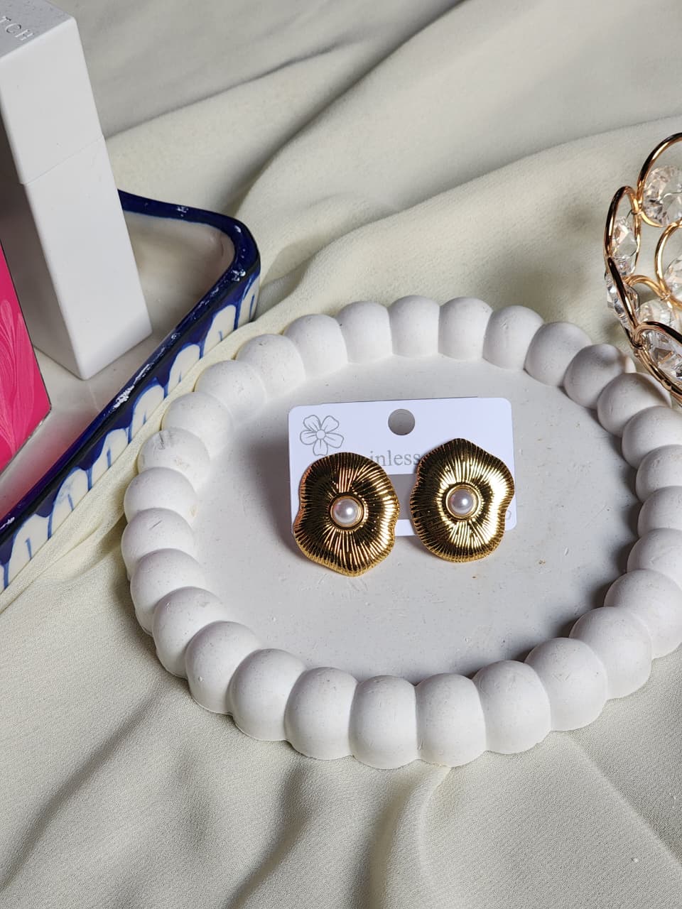 Gold Textured Flower Pearl Centre Stud Earrings