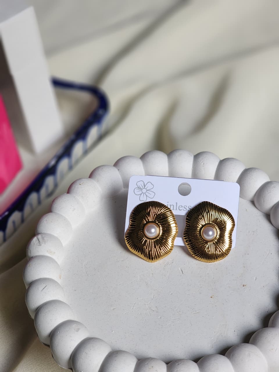 Gold Textured Flower Pearl Centre Stud Earrings