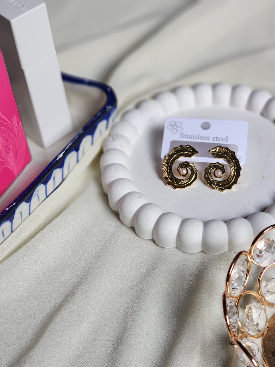 Gold Spiral Swirl Pearl Centre Stud Earrings