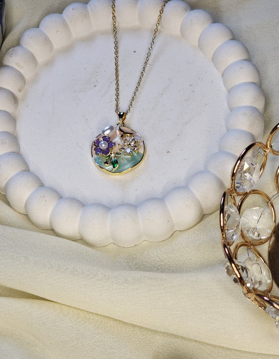 Gold Floral Enamel Pendant Necklace
