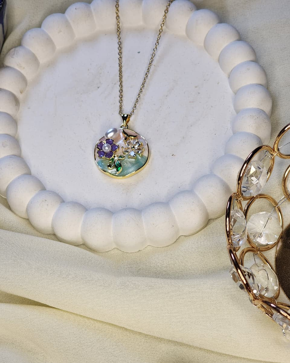 Gold Floral Enamel Pendant Necklace