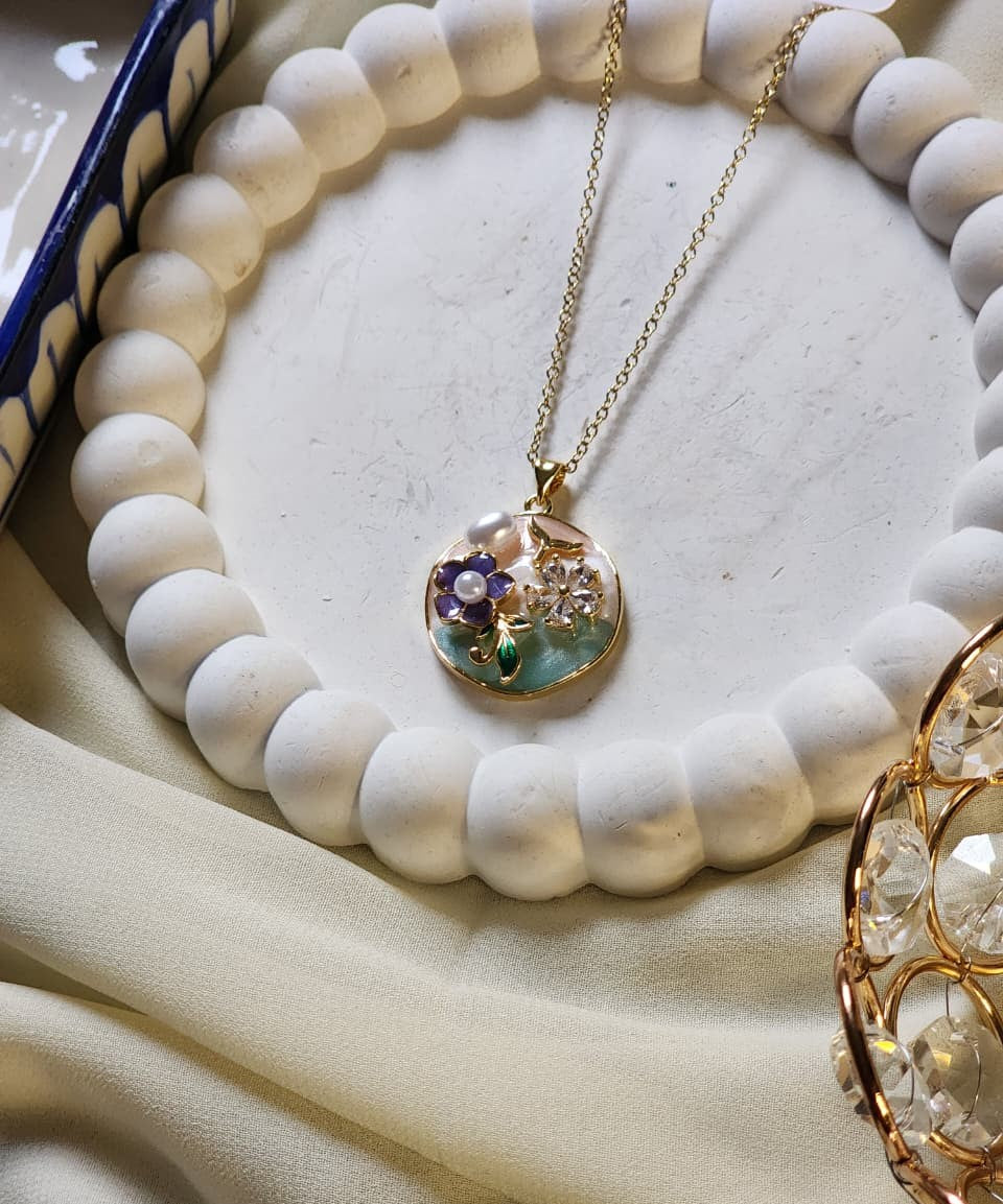 Gold Floral Enamel Pendant Necklace