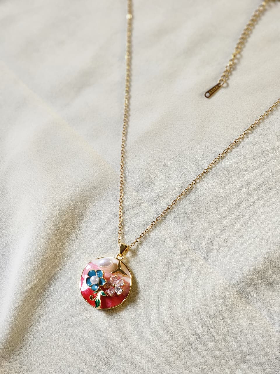 Gold Floral Enamel Pendant Necklace