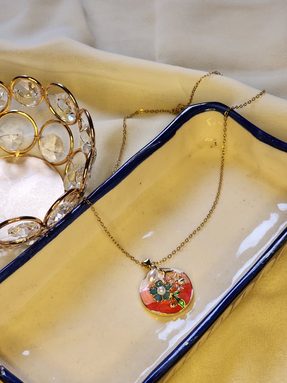 Gold Floral Enamel Pendant Necklace