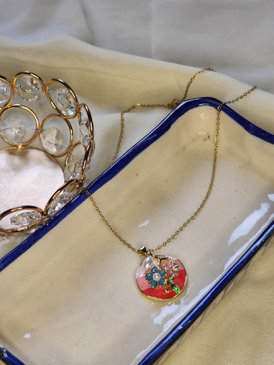 Gold Floral Enamel Pendant Necklace