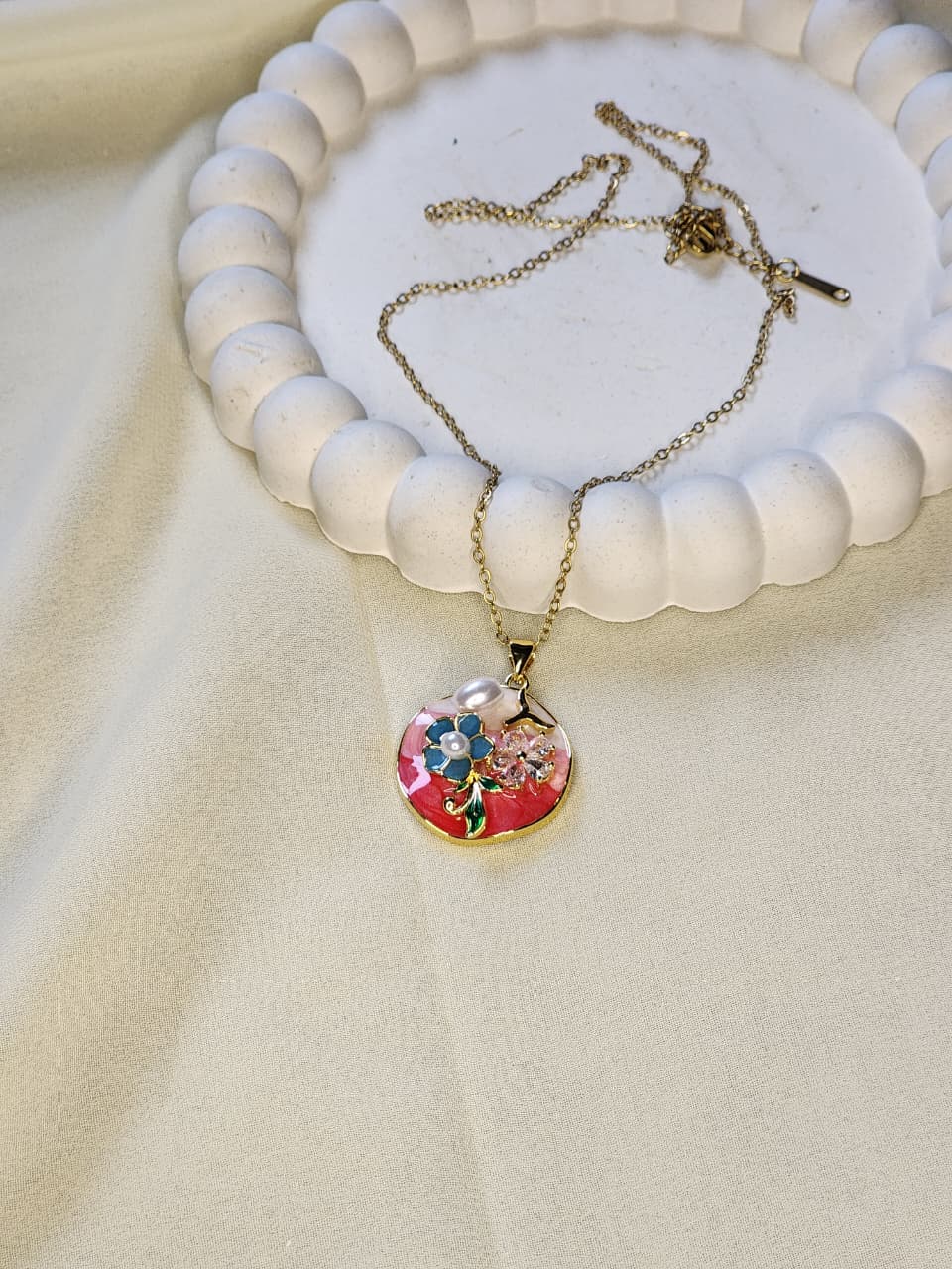 Gold Floral Enamel Pendant Necklace