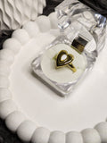 Gold heart ring with white teardrop pearl inlay in clear gift box