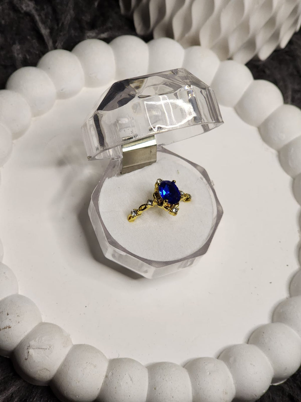 Blue sapphire CZ gold ring in crystal box