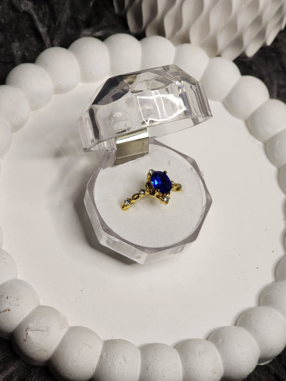 Blue sapphire CZ gold ring in crystal box