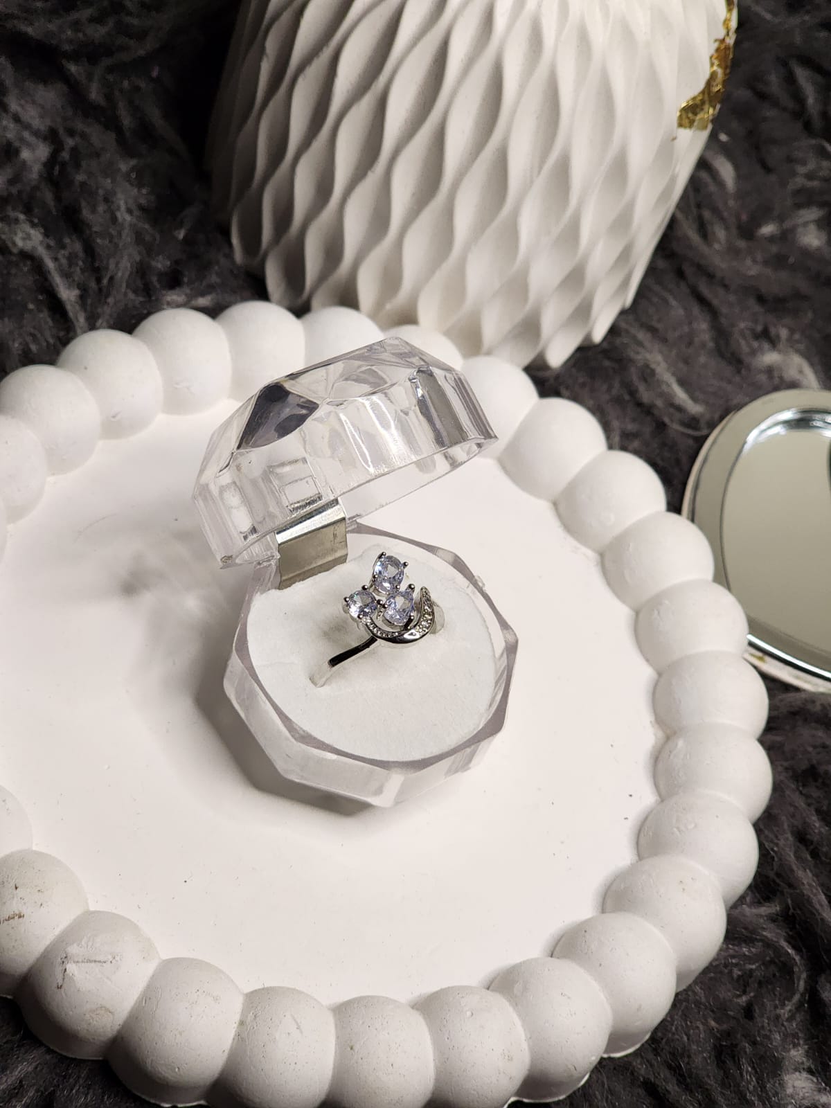 Triple CZ crown silver ring in crystal box - angle view