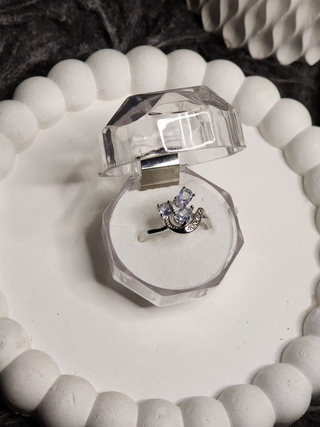 Triple CZ crown silver ring in crystal box - front view