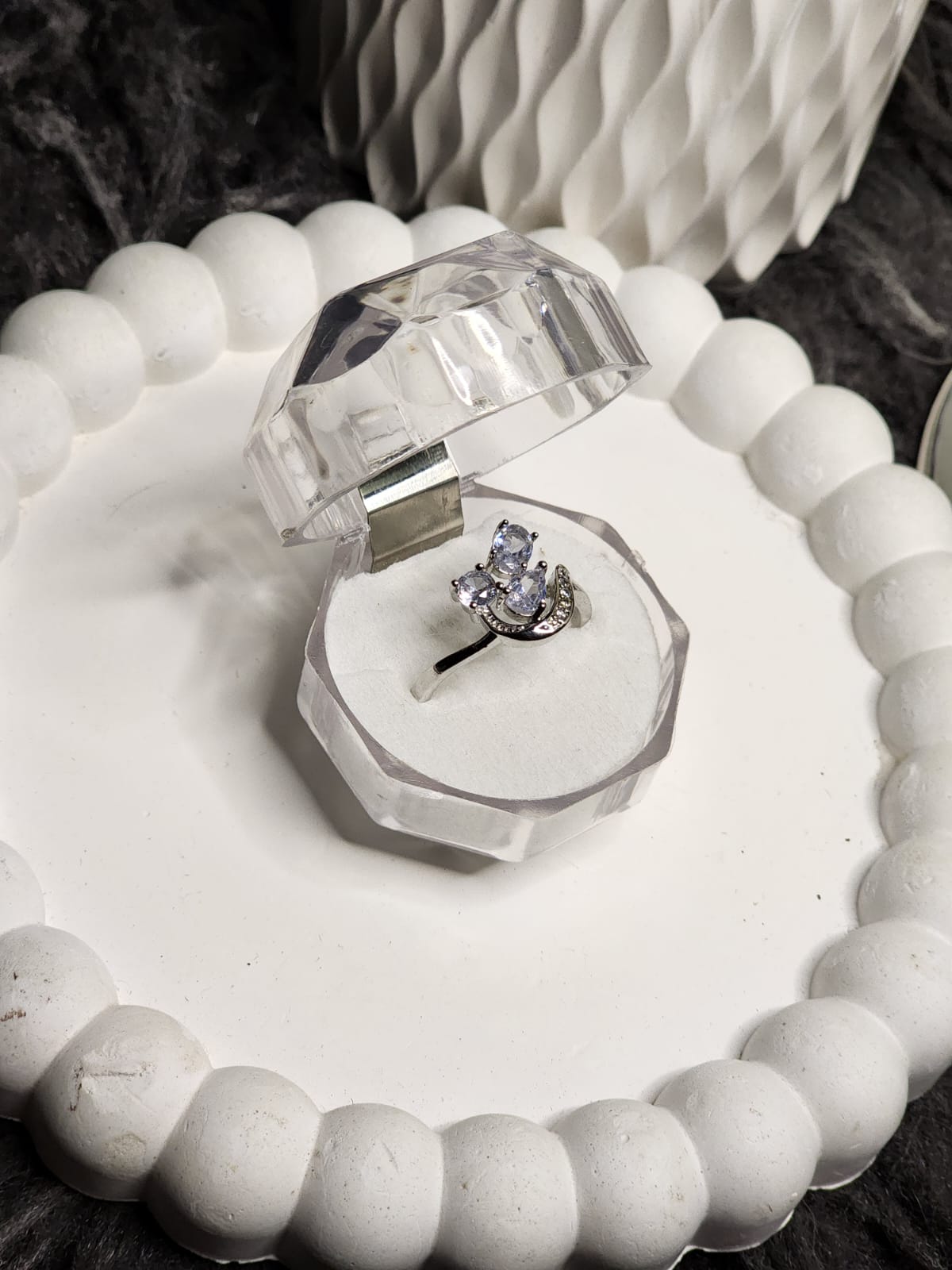 Triple CZ crown silver ring in crystal box - top view