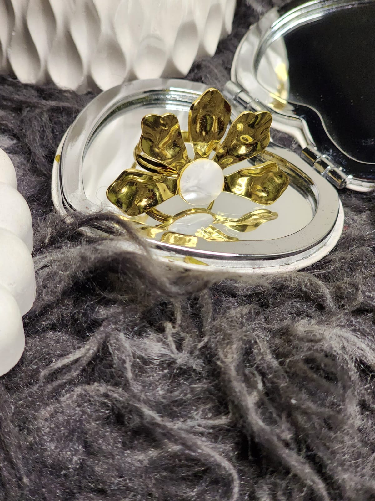 Gold Bloom Pearl Ring — open compact mirror flat lay