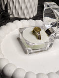 Swirl Coin Ring – front view in box