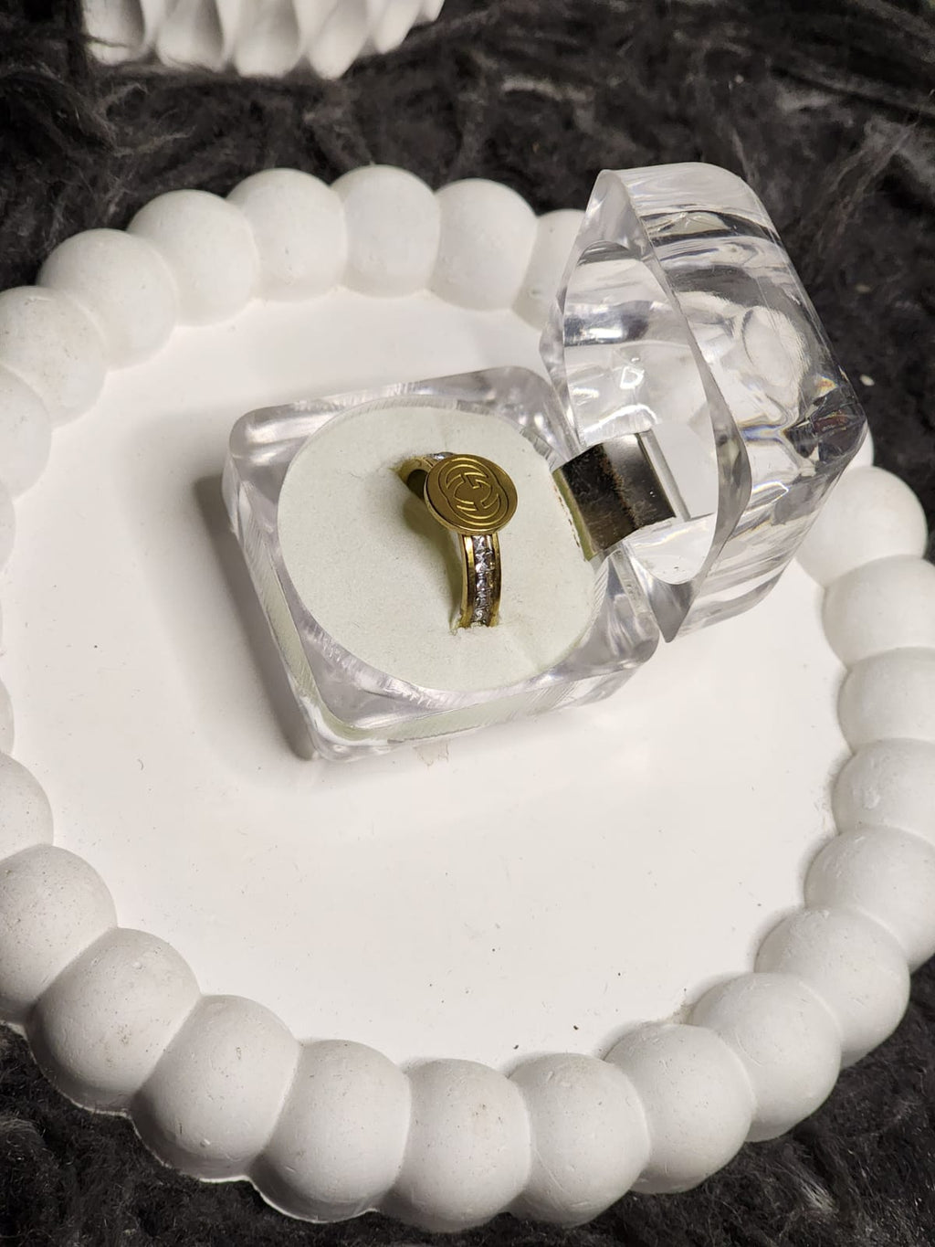 Swirl Coin Ring – top view in box