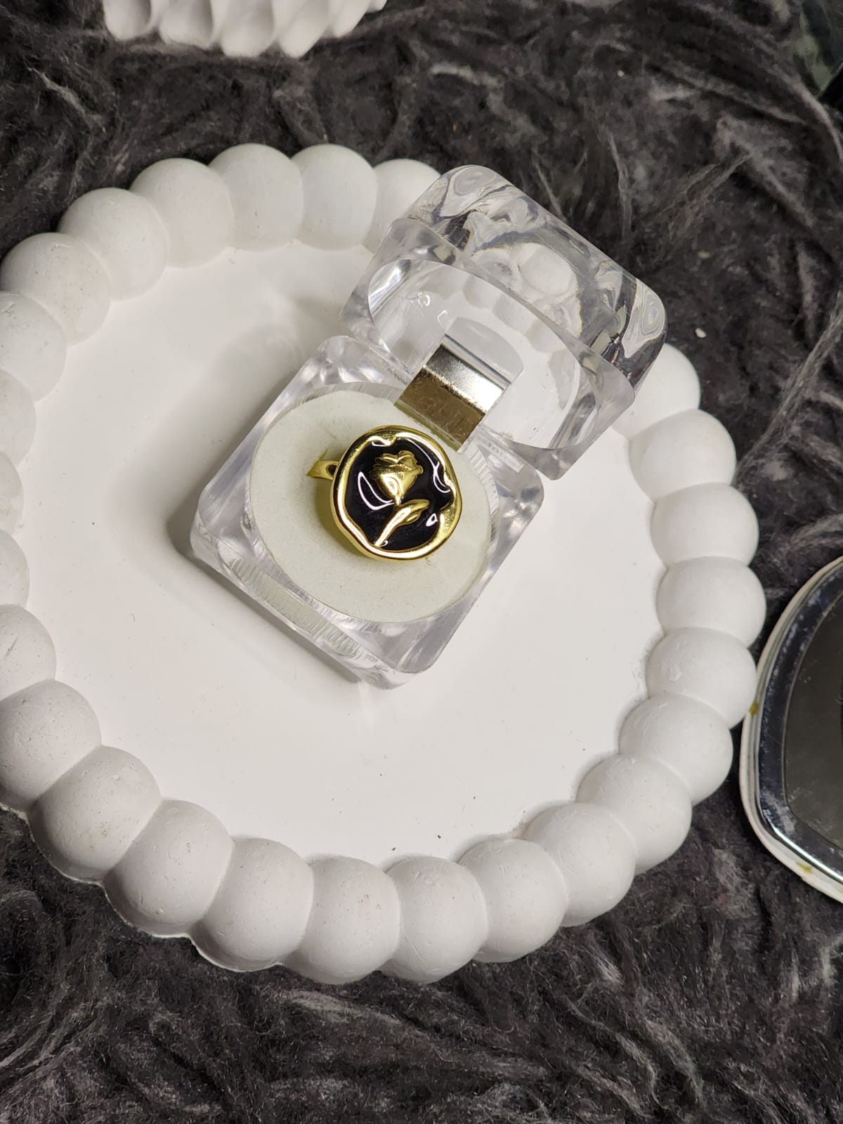 Rose Signet Ring – white enamel angle view