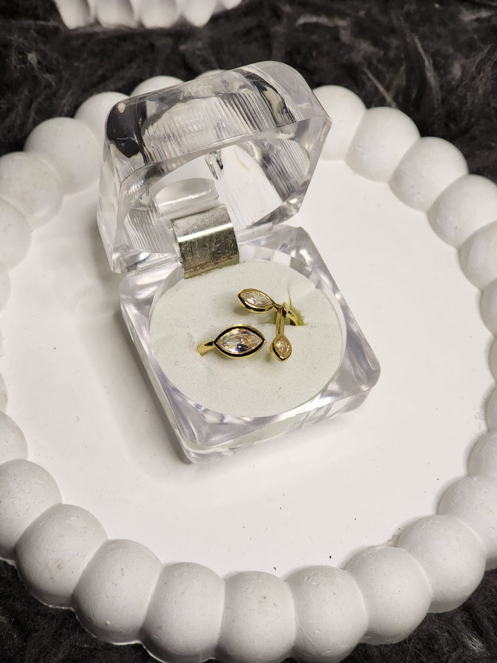Crystal leaf marquise ring detail shot in gift box