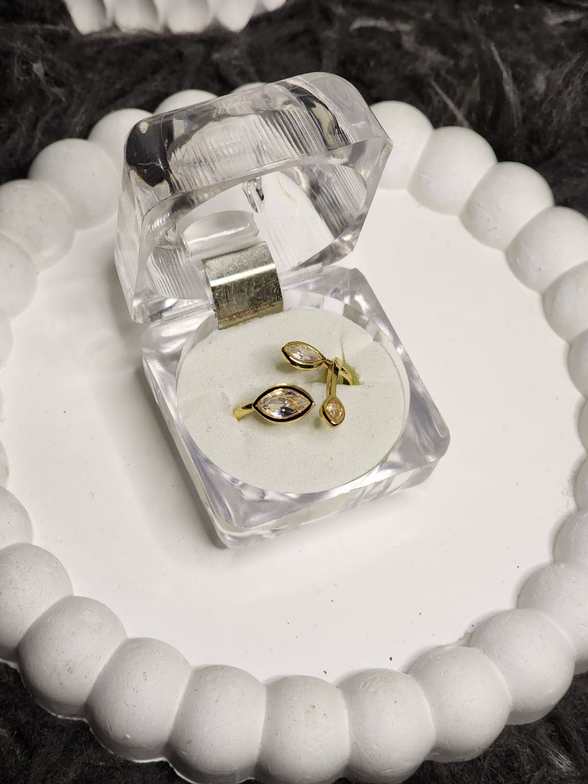 Crystal leaf marquise ring detail shot in gift box
