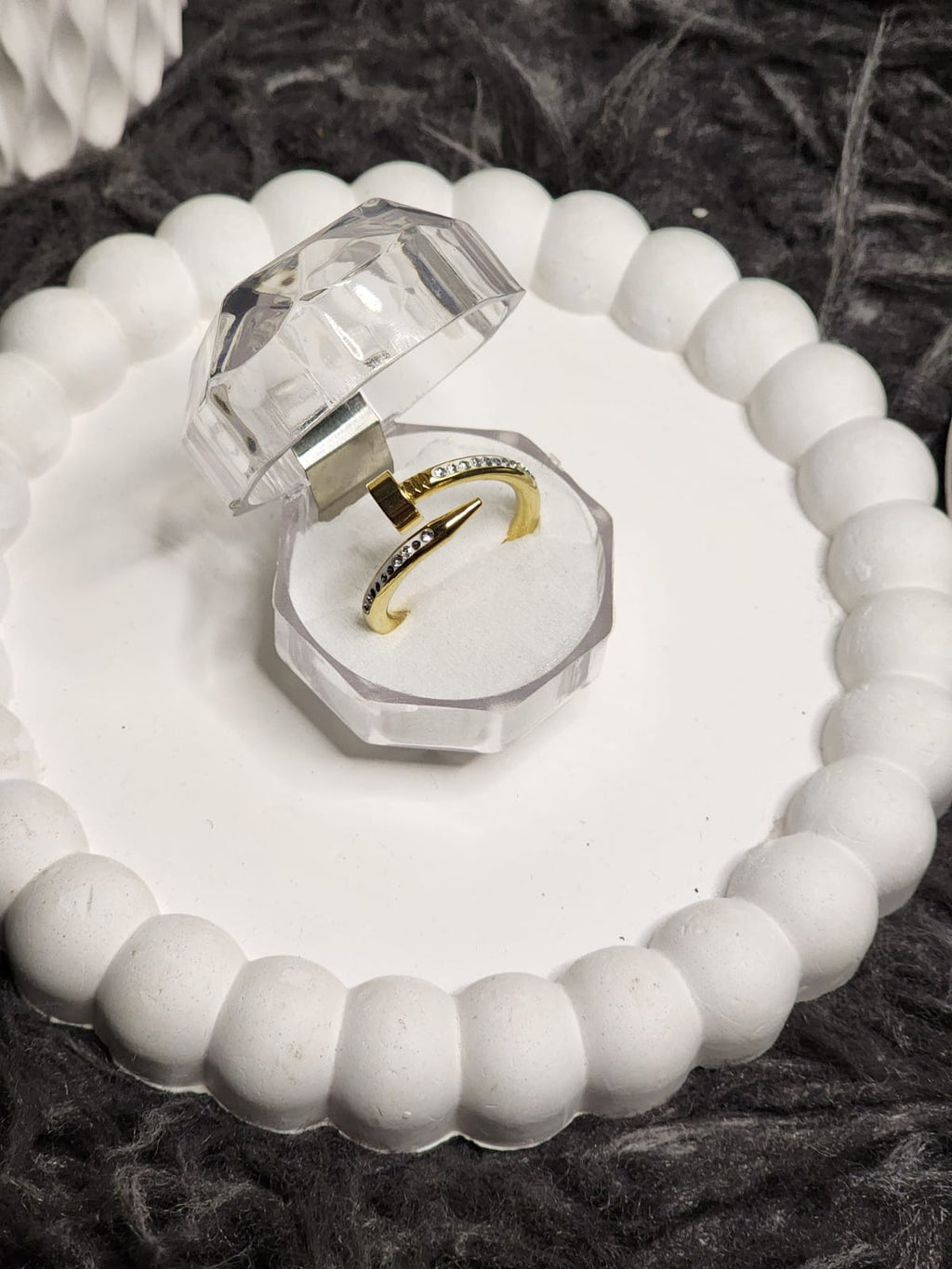 Crystal Nail Ring – top view in box