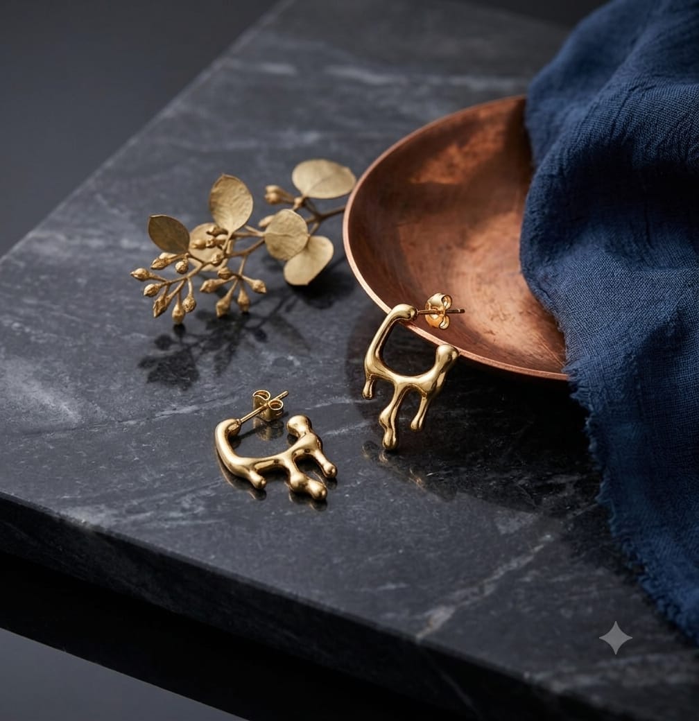 Abstract molten gold sculptural stud earrings on dark marble surface