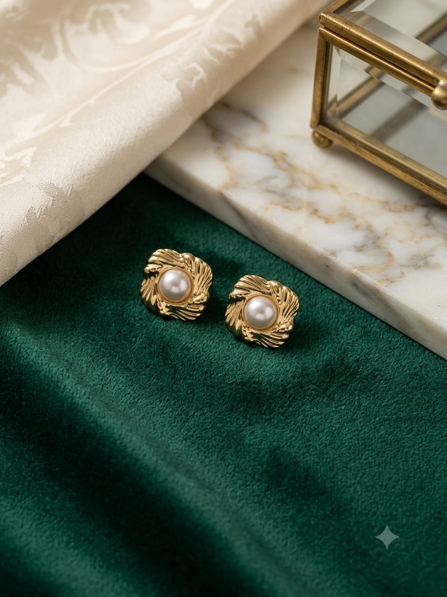 Gold textured square stud earrings with pearl centre on green velvet surface