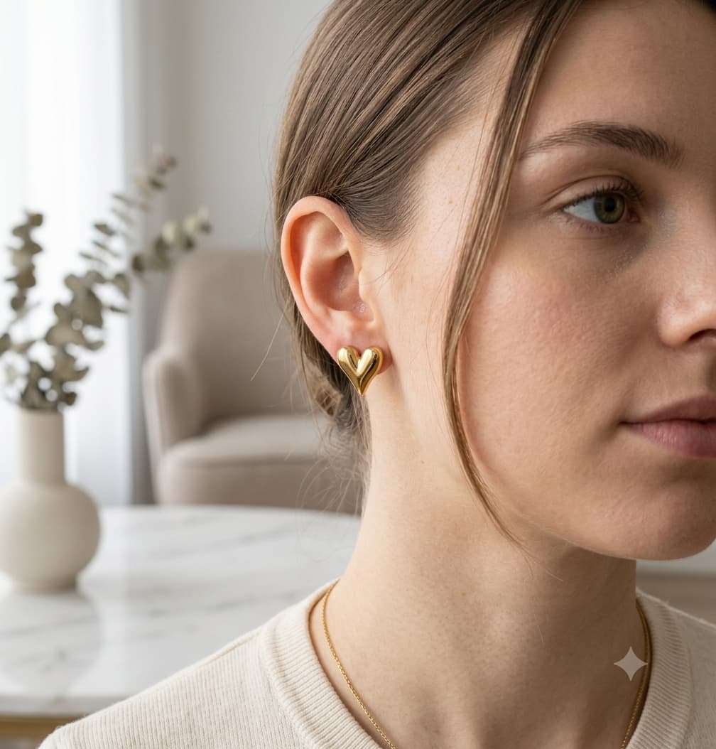 Chunky gold heart stud earring worn on model with high-polish finish